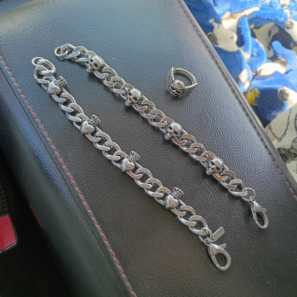 Men's Silver-Tone Heart & Skull Chain Wallet Strap - Silver